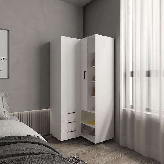Miekor Furniture Toulouse Corner Armoire With Double Doors And Interior Shelves, Space-Saving Wardrobe, White No.4115