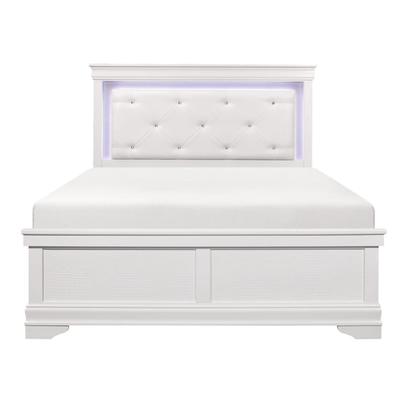 Miekor Furniture Traditional Design White Finish 1pc Queen Size Bed Button-Tufted Upholstered LED Headboard Faux Alligator Embossed Panels No8378