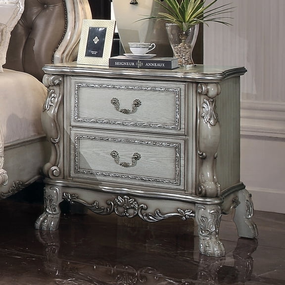 Miekor Furniture Traditional Elegant Nightstand with 2 Drawers Vintage Bone White Finish Wooden Luxury Bedroom Furniture 1pc Rococo Style 20076