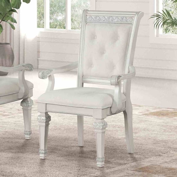 Miekor Furniture Traditional Style 2pc Arm Chair Upholstered Seat And Backrest Ivory Finish Dining Room No6131