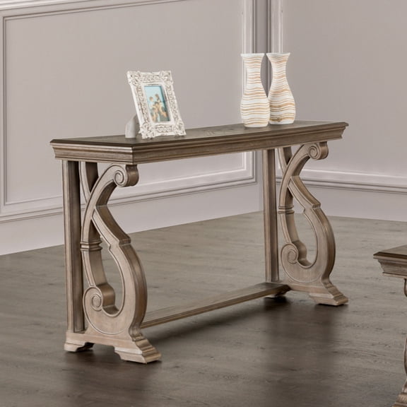 Miekor Furniture Traditional Style Sofa Table Solid Wood Structure Curved Scroll Legs With Carved Design Weather Oak Finish MK5848