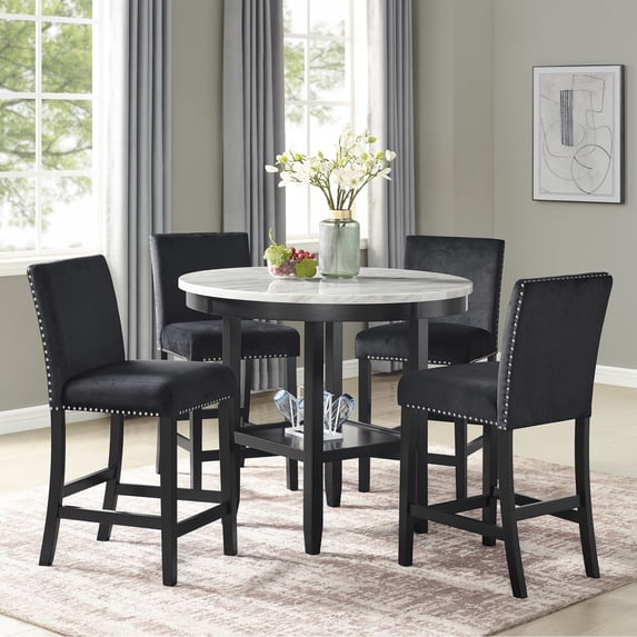 Miekor Furniture Transitional 5pc Round Counter Height Dining Table Set White Faux Marble Upholstered Black Fabric Dining Room Wooden Furniture W5U585