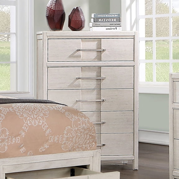 Miekor Furniture Transitional Style 1pc Chest English Dovetail Five Drawers Simple Design Curve Handles White Finish MK2869