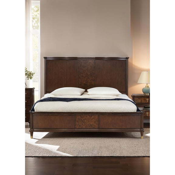 Miekor Furniture Transitional Style 1pc Queen Size Bed Dark Cherry Finish Panel Bedframe Gold-Capped Legs Bedroom Furniture Poplar Burl Veneer No6085