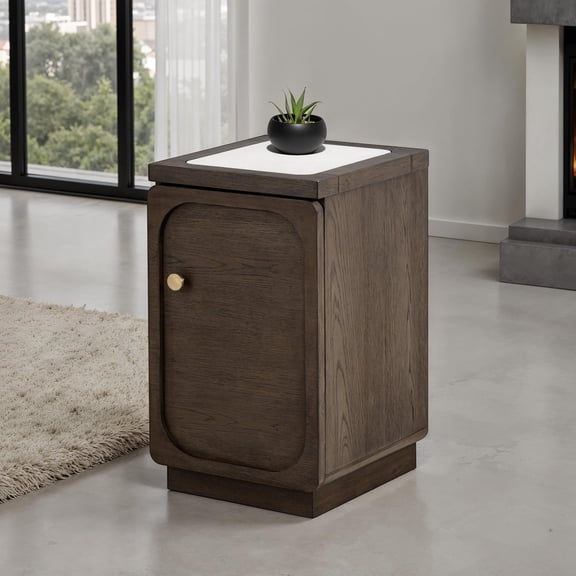 Miekor Furniture Transitional Style 1pc Side Table Quartz Stone Top Gold Knob USB Port Dark Walnut Finish Primary Living Room No.8893