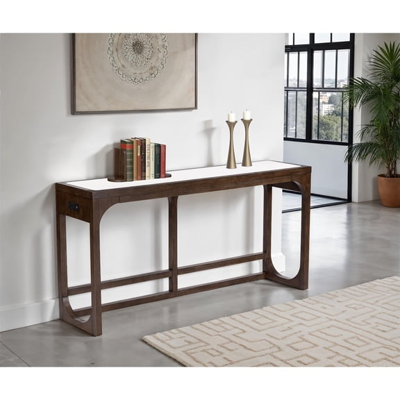 Miekor Furniture Transitional Style 1pc Sofa Table Quartz Stone Top USB Port Dark Walnut Finish Primary Living Room No.3543