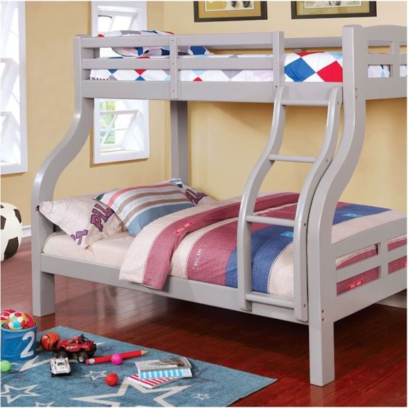 Miekor Furniture Transitional Style Twin Over Full Bunk Bed Attached Curved Ladder Upper Bed Rails Bold & Curved Wood Design No8735