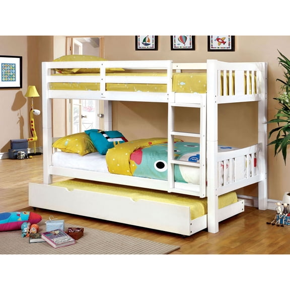 Miekor Furniture Transitional Style Wooden Bunk Bed Twin Over Twin Attached Footboard Ladder Rails And Lock Joint White Trundle-Not Included MK0718
