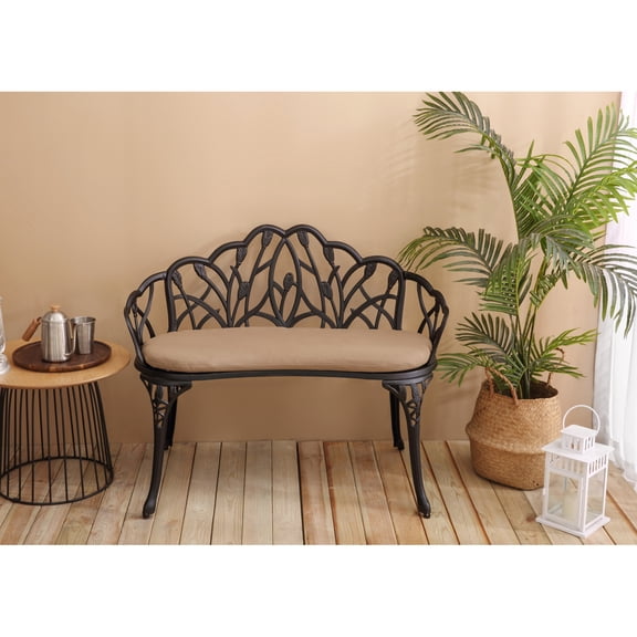 Miekor Furniture Tulip Patio Garden Bench Metal Park Bench Cast Aluminum Outdoor Furniture with Floral Rose for Patio,Park,Lawn,Yard Black withe cushion No.7106