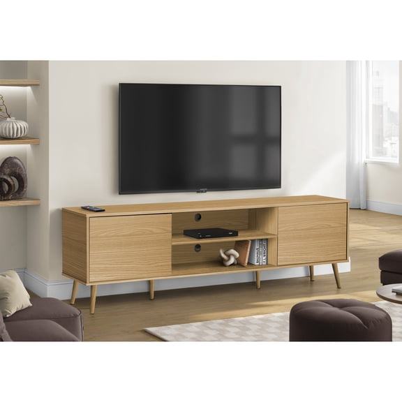 Miekor Furniture Tv Stand, 72 Inch, Console, Media Entertainment Center, Storage Cabinet, Living Room, Bedroom, Natural Laminate, Wood Legs, Contemporary, Modern No4156
