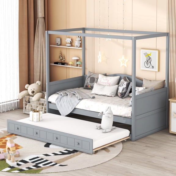 Miekor Furniture Twin Size Canopy Day Bed with twin size Trundle, Gray No2641