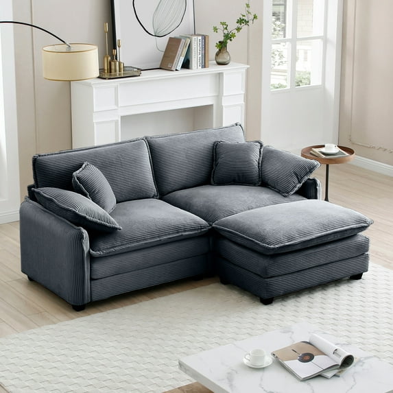 Miekor Furniture Two-Seater Sofa with One Footrest, L-Shaped 2-Seater Sofa with Ottoman for Small Living Spaces,Grey Corduroy 0750