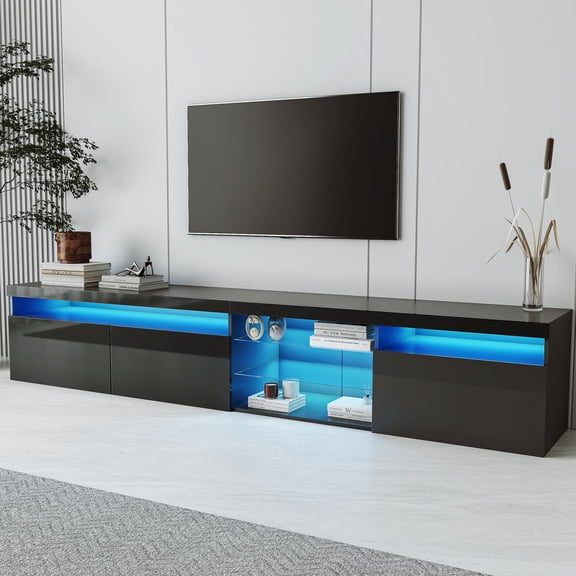 Miekor Furniture Unique Design TV Stand with 2 Glass Shelves, Ample Storage Space Media Console for TVs Up to 105", Versatile TV Cabinet with LED Color Changing Lights for Living Room, Black No1013