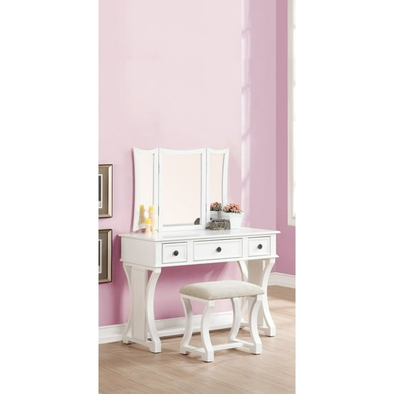 Miekor Furniture Unique Modern Bedroom Vanity Set w Stool Foldable Mirror Drawers White Color MDF Veneer Vanity Furniture W5U843