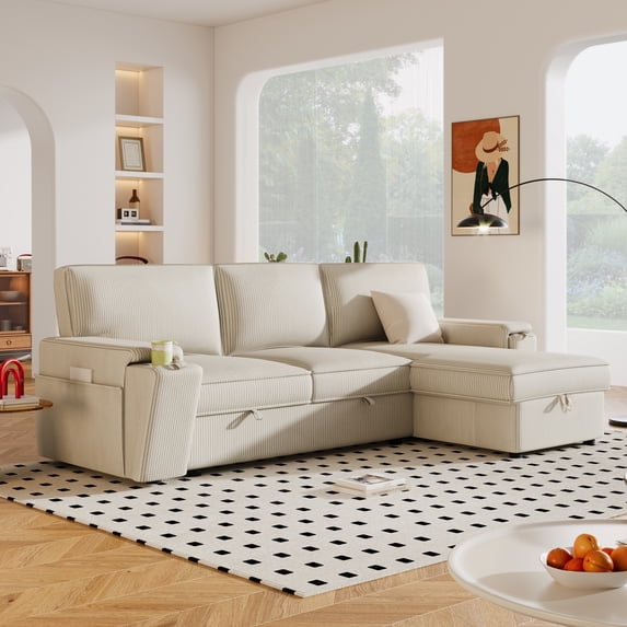 Miekor Furniture Upholstery Sleeper Sectional Sofa with Storage Bags and 2 cup holders on Arms W4US2AAA