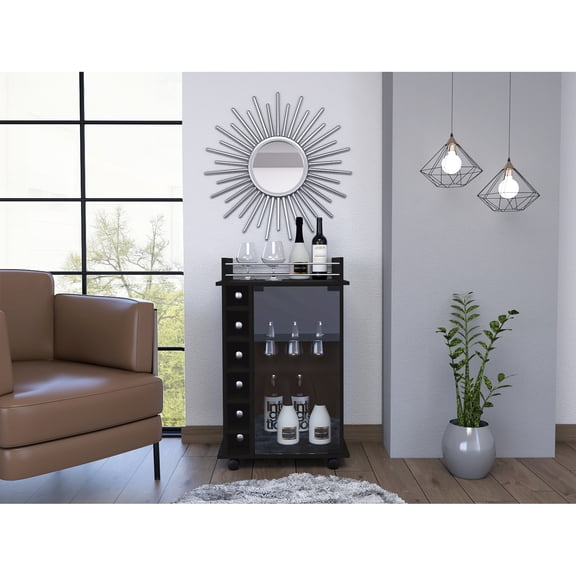 Miekor Furniture Vegas Bar Cart, Two Tier Cabinet With Glass Door, Six Cubbies For Liquor MK9612