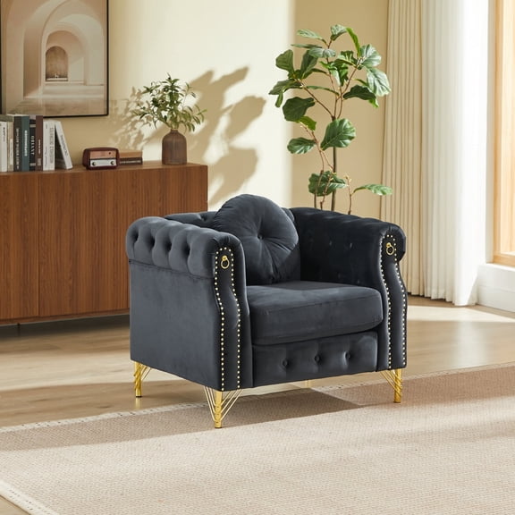 Miekor Furniture Velvet Chesterfield sofa with round pillows, featuring copper stud detailing and tufted button accents, with metal legs. Loop design allows for hanging cartoon ornaments. No0998