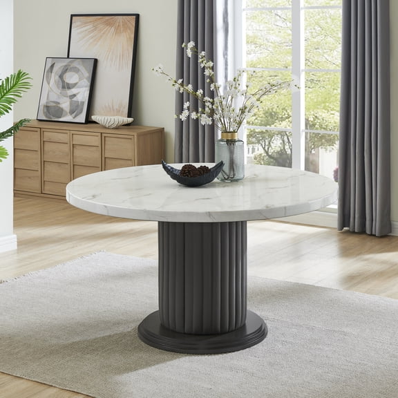Miekor Furniture Venezia 54" Round White Faux Marble Dining Table with Gray PVC-Upholstered Pedestal Column & Gray Wood Base Seats 6 No6232
