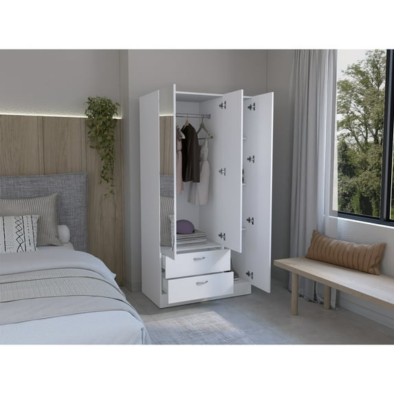 Miekor Furniture Wardrobe with 3 doors, one with mirror, two drawers, four shelves and hanging bar,White B5A1809