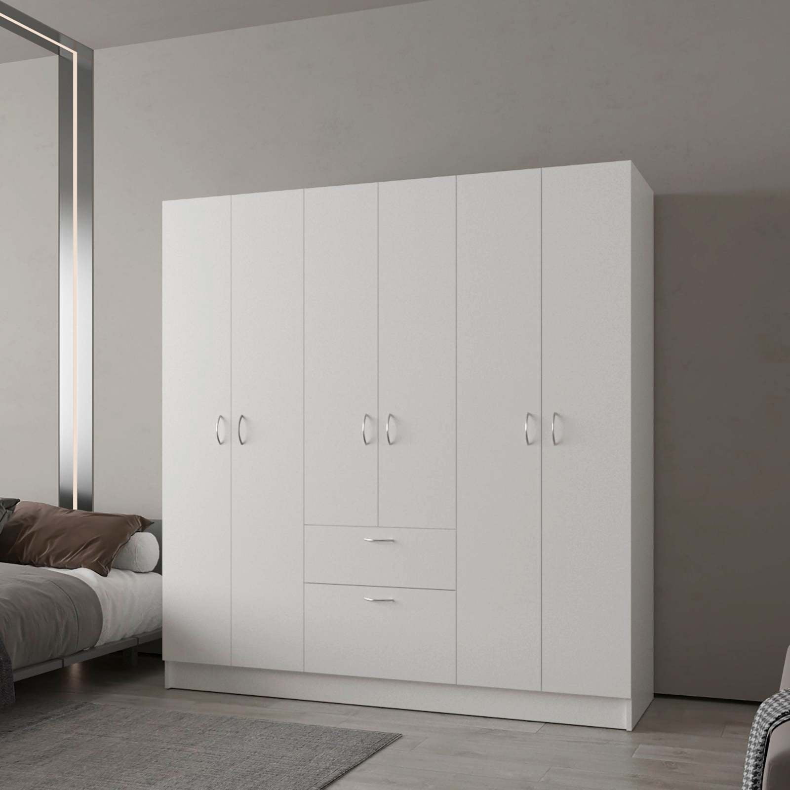 Miekor Furniture White 6-Door Wardrobe with Shelf and Drawer 88946