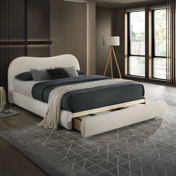 Miekor Furniture White Color Boucle Upholstered 1pc Queen Size Bed Curved Design Headboard Storage FB Bedroom Furniture Bedframe No.2008