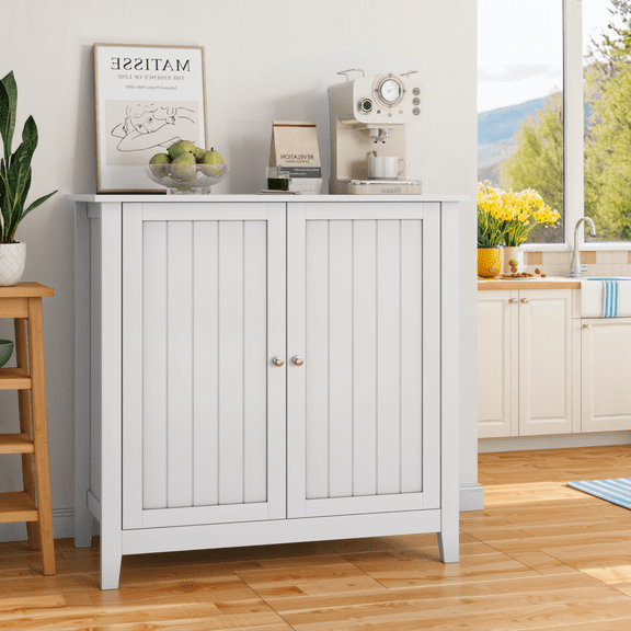 Miekor Furniture White Double Door Storage Cabinet, Mid-Century Modern Freestanding Buffet Cabinet, Bathroom Storage Cabinet with Silver Knobs for Living Room, Kitchen, Bathroom, Hallway No.2498