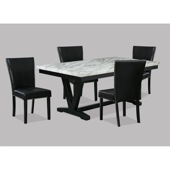 Miekor Furniture White Faux Marble & Black Finish Dining Table Set Black Faux Leather Upholstered Chairs Nailhead Trim Polyurethane Fabric 5pc Set 36411