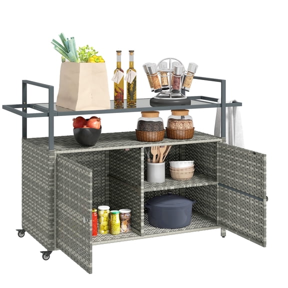 Miekor Furniture Wicker Outdoor Bar Table with 2-Tier Shelf & Cabinet, Mixed Gray No.9688