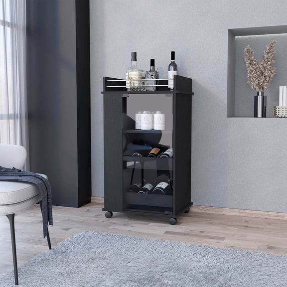 Miekor Furniture Willow Park Glass Door Bar Cart with Bottle Holder and Casters Black B5A3254