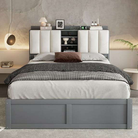 Miekor Furniture Wood Full Size Platform Bed with Storage Headboard and 4 Drawers, Gray BS8030