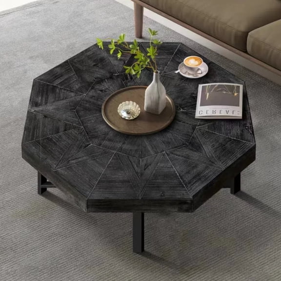 Miekor Furniture Wood Octagonal Vintage Patchwork Craft Farmhouse 30 Inch Wooden Table Top Cross Metal Legs Coffee Table for Living Room(Antique Black) 27778