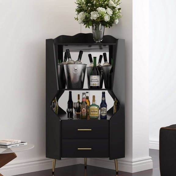 Miekor Furniture Wooden Corner bar cabinet with 2 open storage shelves and 2 drawers, mirrored back sideboard cabinet, high feet/legs for easy cleaning, buffet cabinet BLACK No2267