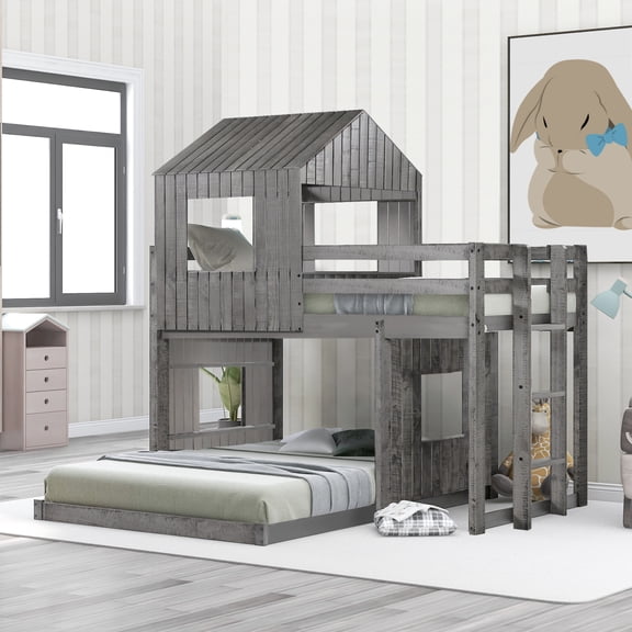 Miekor Furniture Wooden Twin Over Full Bunk Bed, Loft Bed with Playhouse, Farmhouse, Ladder and Guardrails , Antique Gray MK1742