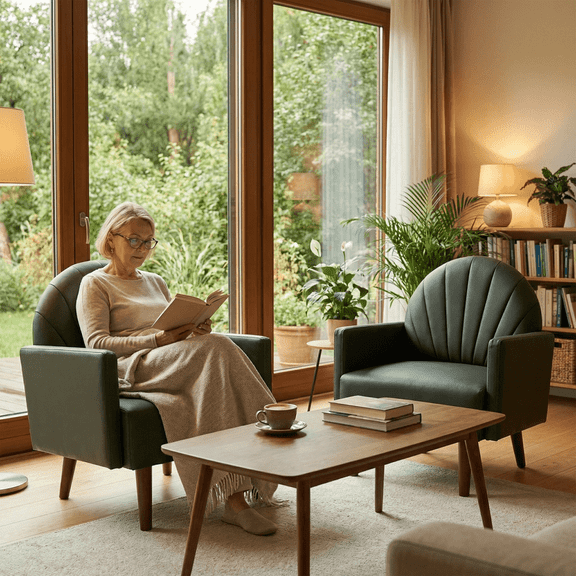 Miekor Furniture A contemporary shell-shaped armchair with PU leather upholstery and wooden legs, suitable for living rooms, balconies, children's rooms and studies. No8128
