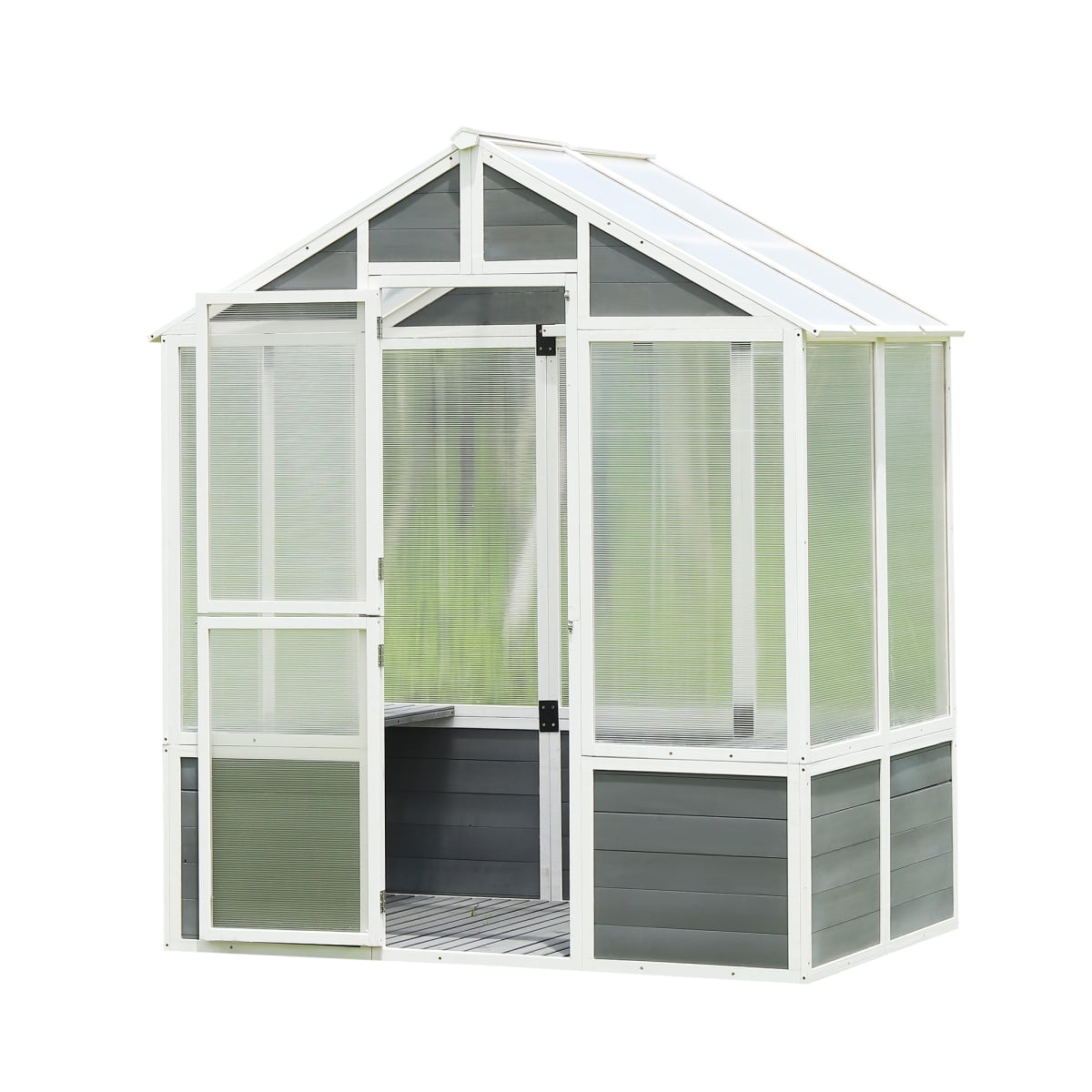 White and Gray Polycarbonate Walk-In Greenhouse with Pine Wood Frame