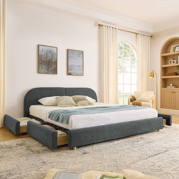 Miekor King Size Upholstered Bed Frame Modern Minimalist Style - Circle Yarn Fabric, Tall Curved Headboard, Sturdy Leg Support & Wheeled Drawer Storage, Mattress Not Included - Dark Gray No.9692