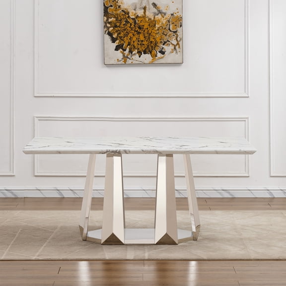 Miekor Marble Dining Table for 6 People, 70" Rectangle Faux Marble Dining Table with Mirrored Finish Stainless Steel Base, Modern Large Size Marble Kitchen Table (Silver,White)(only table) MK6944