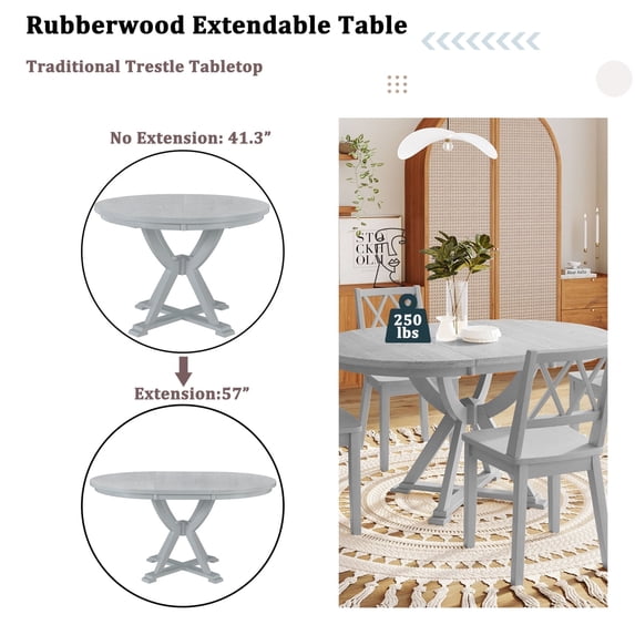 Miekor Mid-Century 5-Piece Extendable Round Dining Table Set with 15.7" Removable Leaf and 4 Cross Back Dining Chairs, Grey BC2A2042