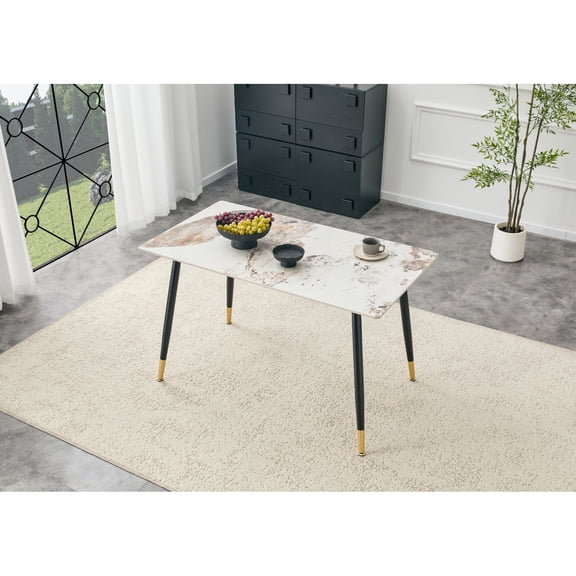 Miekor Modern Rectangular Dining Table, Premium Sintered Stone Tabletop with Sturdy Metal Base, Heat-Resistant & Scratch-Resistant Kitchen and Dining Room Table(Pandora Beige, 1 Table) No.2748