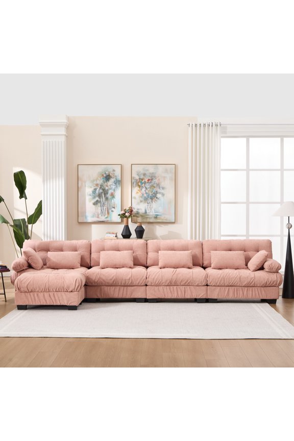 Modular Sectional Sofa Cloud Couch, L Shaped Sectional Couches for Living Room, Deep Seat Modular Couch with Round Armrests 6 Pillows, 4-Seater Modern Comfy advanced flannelette Sofa No.0851