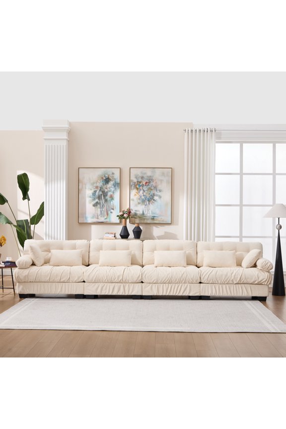Modular Sectional Sofa Cloud Couch, Modern Sectional Couches for Living Room, Deep Seat Modular Couch with Round Armrests 6 Pillows, 4-Seat Comfy advanced flannelette Sofa for Bedroom No.5976