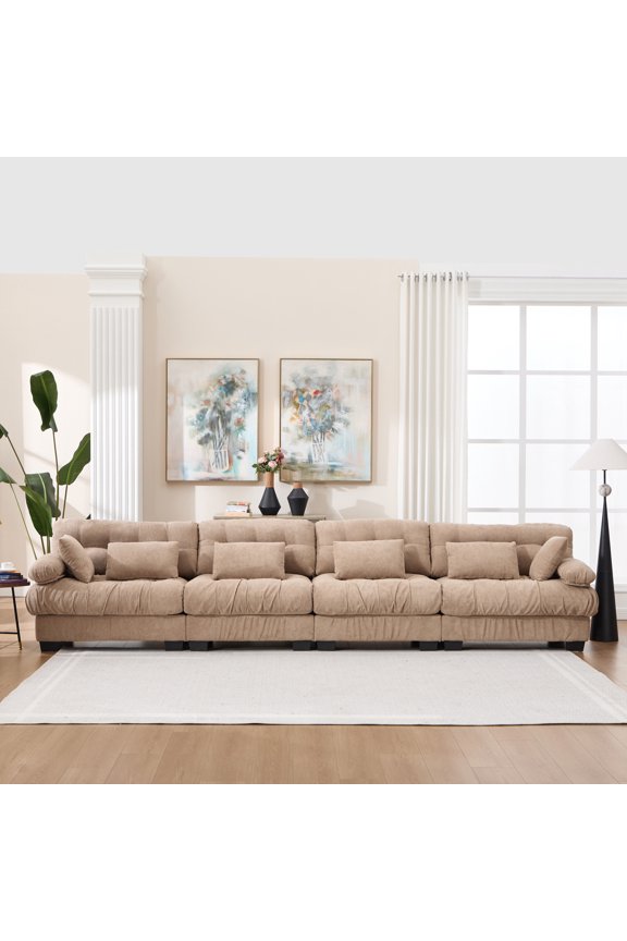 Modular Sectional Sofa Cloud Couch, Modern Sectional Couches for Living Room, Deep Seat Modular Couch with Round Armrests 6 Pillows, 4-Seat Comfy advanced flannelette Sofa for Bedroom No.3315