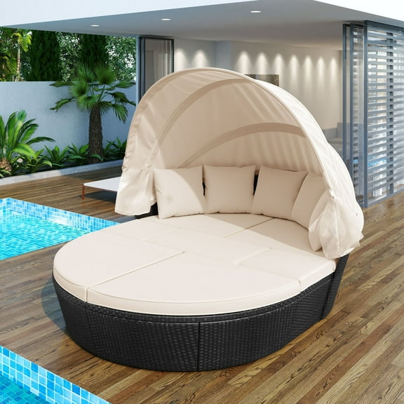 Miekor Outdoor rattan daybed sunbed with Retractable Canopy Wicker Furniture, Round Outdoor Sectional Sofa Set, black Wicker Furniture Clamshell Seating with Washable Cushions, Beige B5A0360