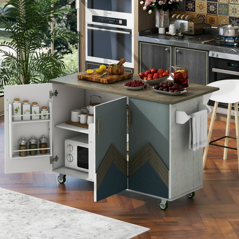 Miekor Retro Mountain Wood 47 D Kitchen Island with Drop Leaf Farmhouse Kitchen Island on Wheels with Internal Storage Rack Rolling Kitchen Cart