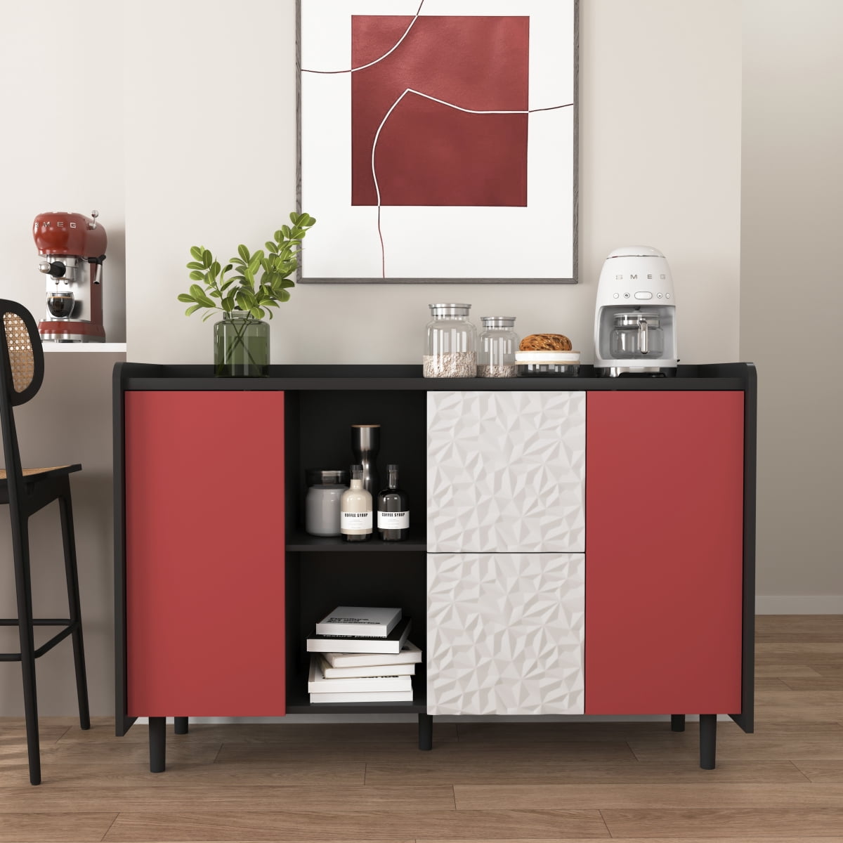Miekor Sideboard Buffet Cabinet, Black Storage Cabinet with Red Doors ...