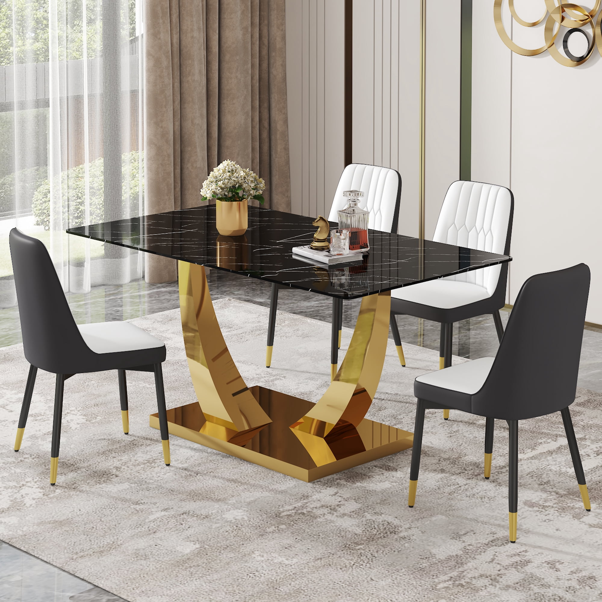 Miekor Table And Chair Set.Modern Rectangular Dining Table With Black ...