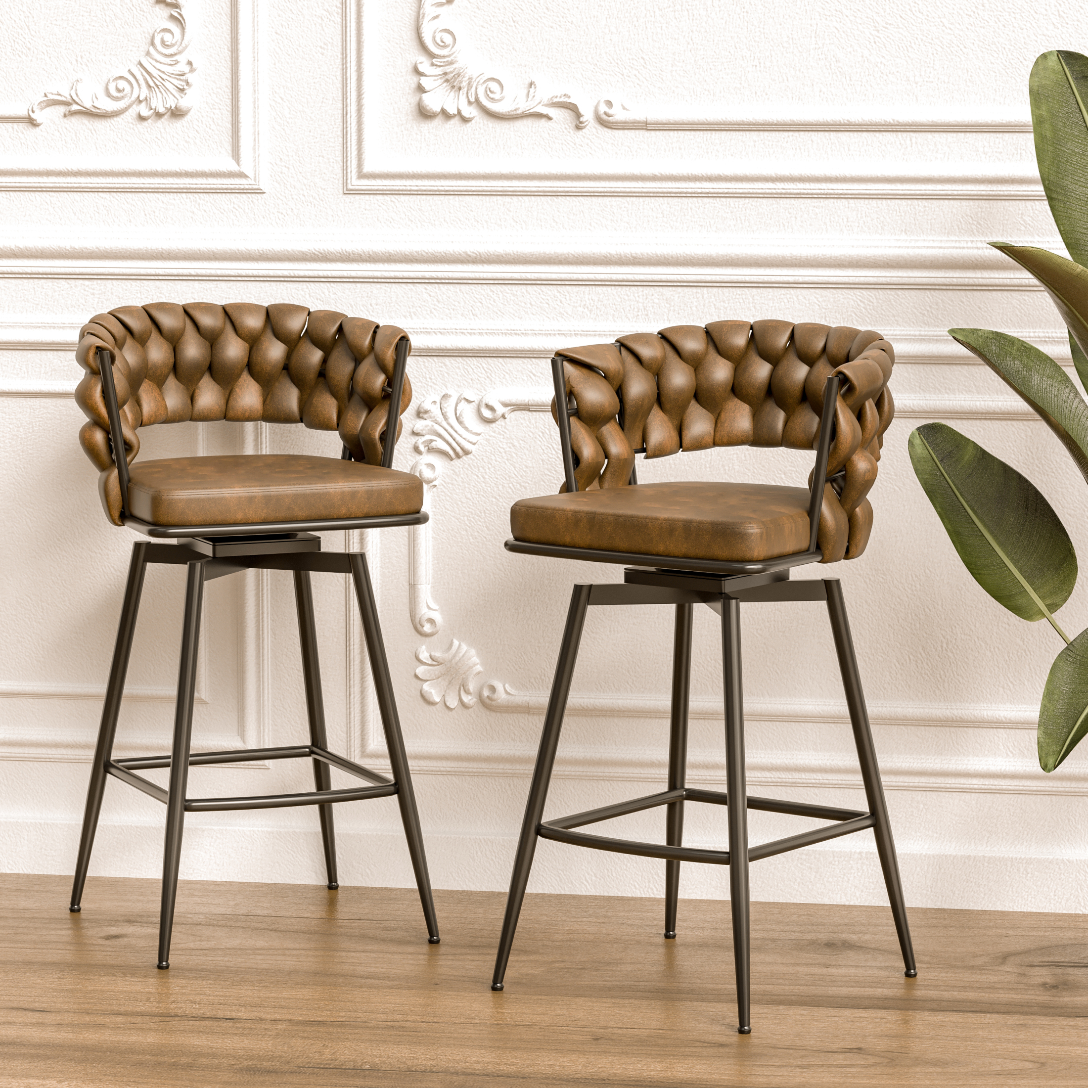 Miekor Technical Leather Woven Bar Stool Set of 2,Black legs Barstools
