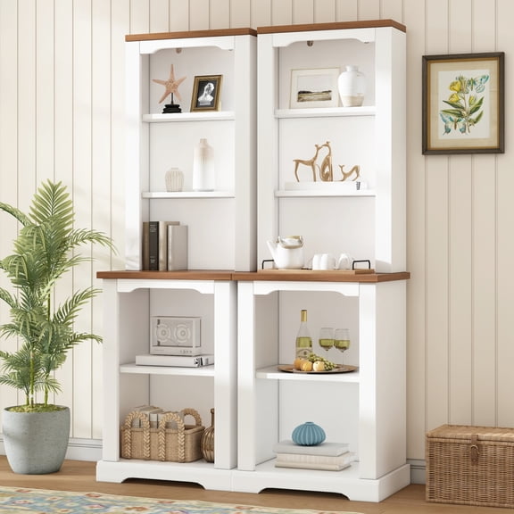 Miekor Two-Piece Elegant Freestanding Tall Cabinet with Fully Open Storage, Walnut Element Bookshelves with Curved Design, Stylish Display Bookcase with Anti-Tip Device for Living Room, White No9409