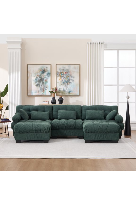 U Shaped Couch Modular Sectional Sofa, Modern Deep Seat Cloud Couch, 3-Seater Modular Couches for Living Room, Comfy advanced flannelette Sofa Bed with Round Armrests 5 Pillows No.6151