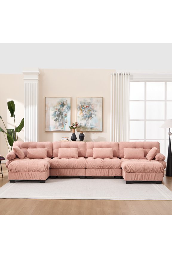 U Shaped Couch Modular Sectional Sofa, Modern Deep Seat Cloud Couch, Oversized Modular Couches for Living Room, Comfy advanced flannelette Sofa Bed with Round Armrests 6 Pillows No.6455